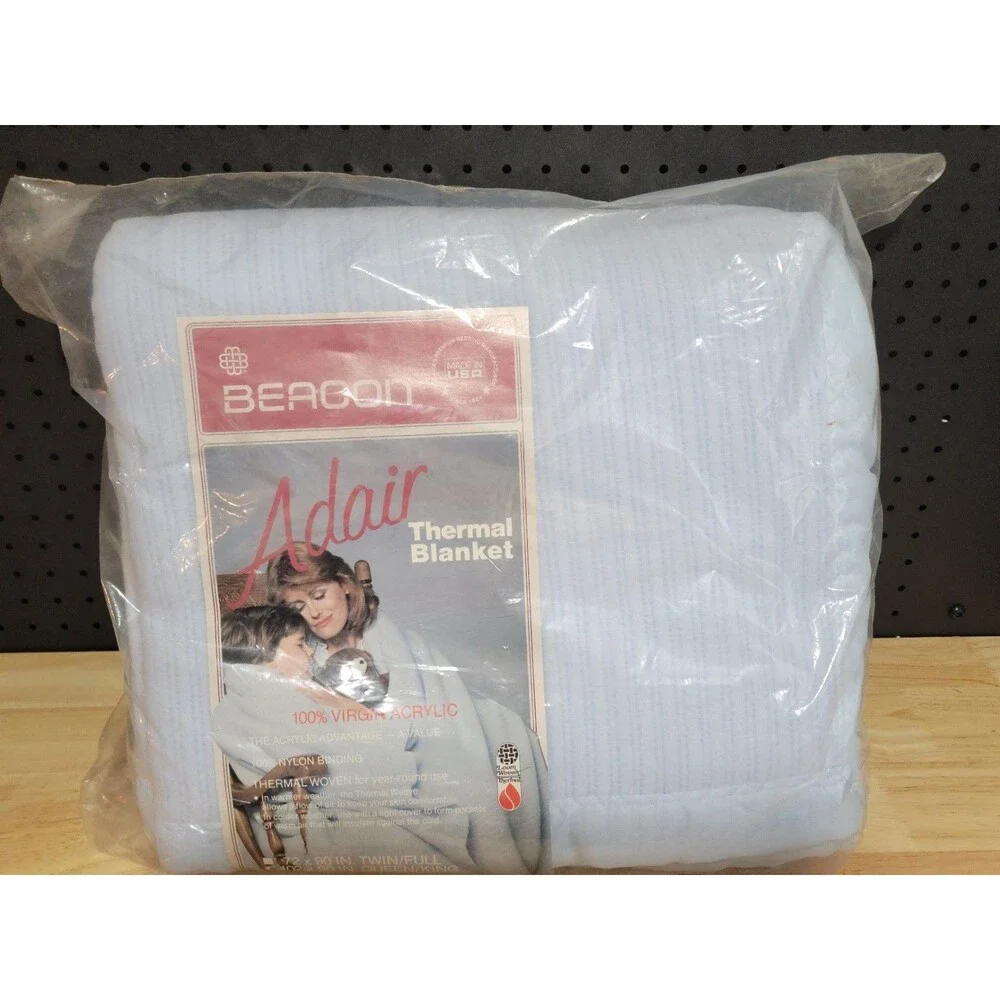 Beacon Adair Thermal Blanket Virgin Acrylic Satin Trim BABY BLUE 102x90 NOS Vtg